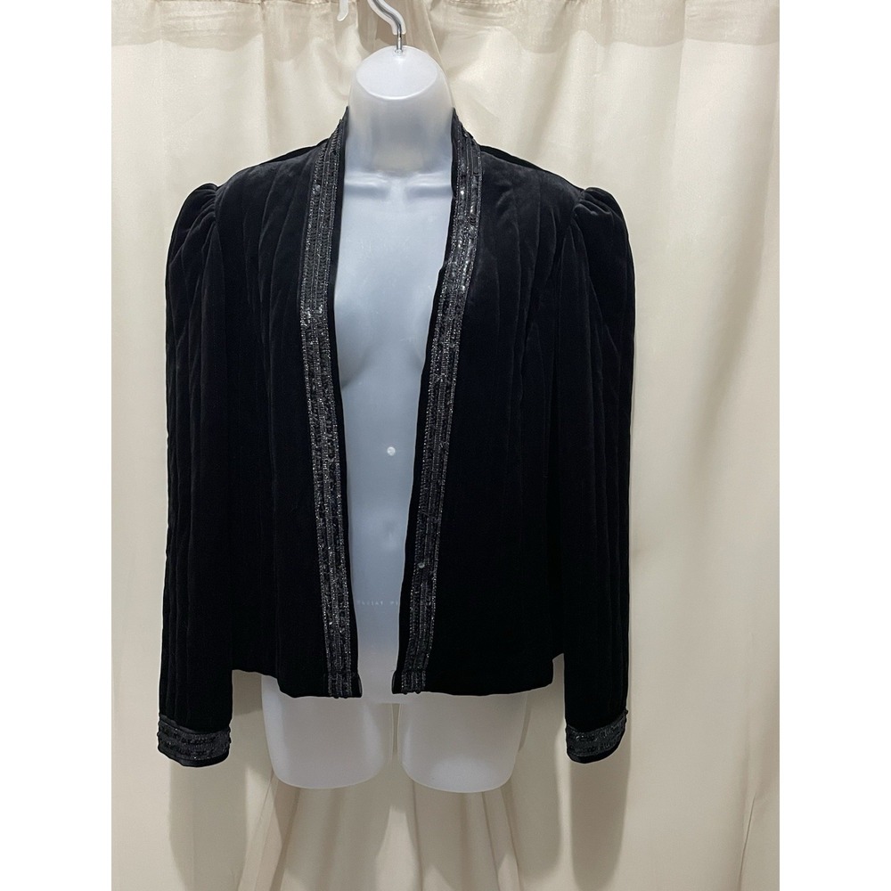Barad Co Womens Jacket Blazer Vintage Velvet Open Sequins 70s USA Black Large